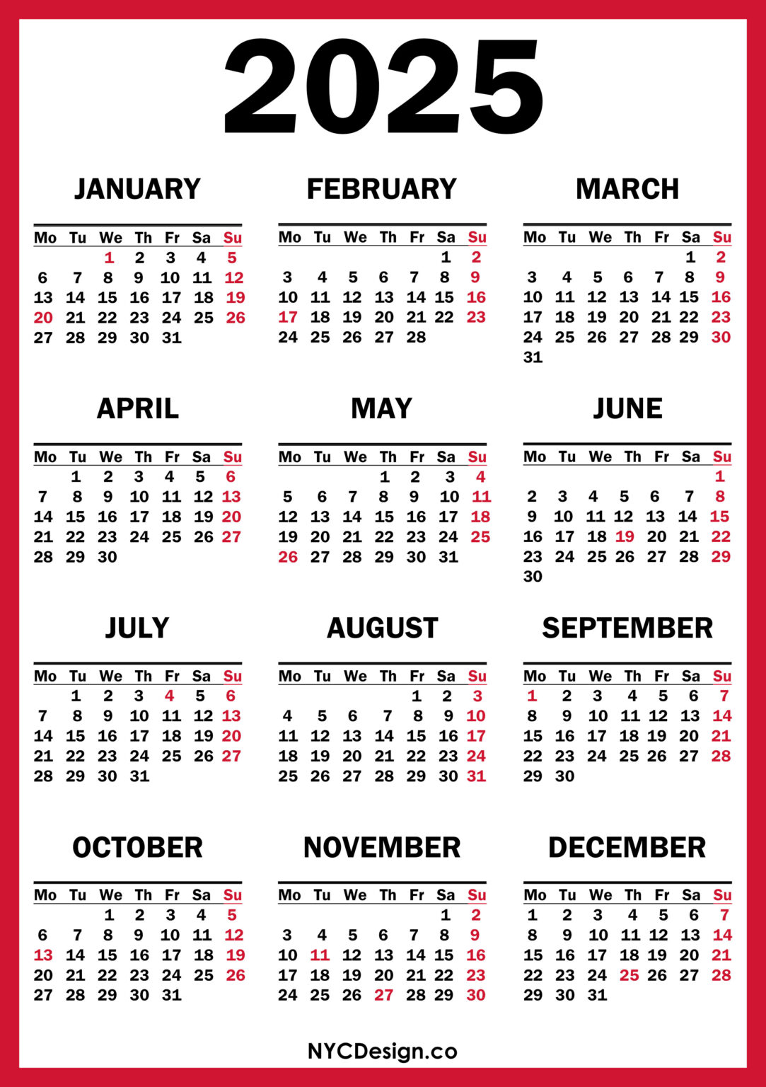2025 Calendar with US Holidays, Printable Free, Red Monday Start