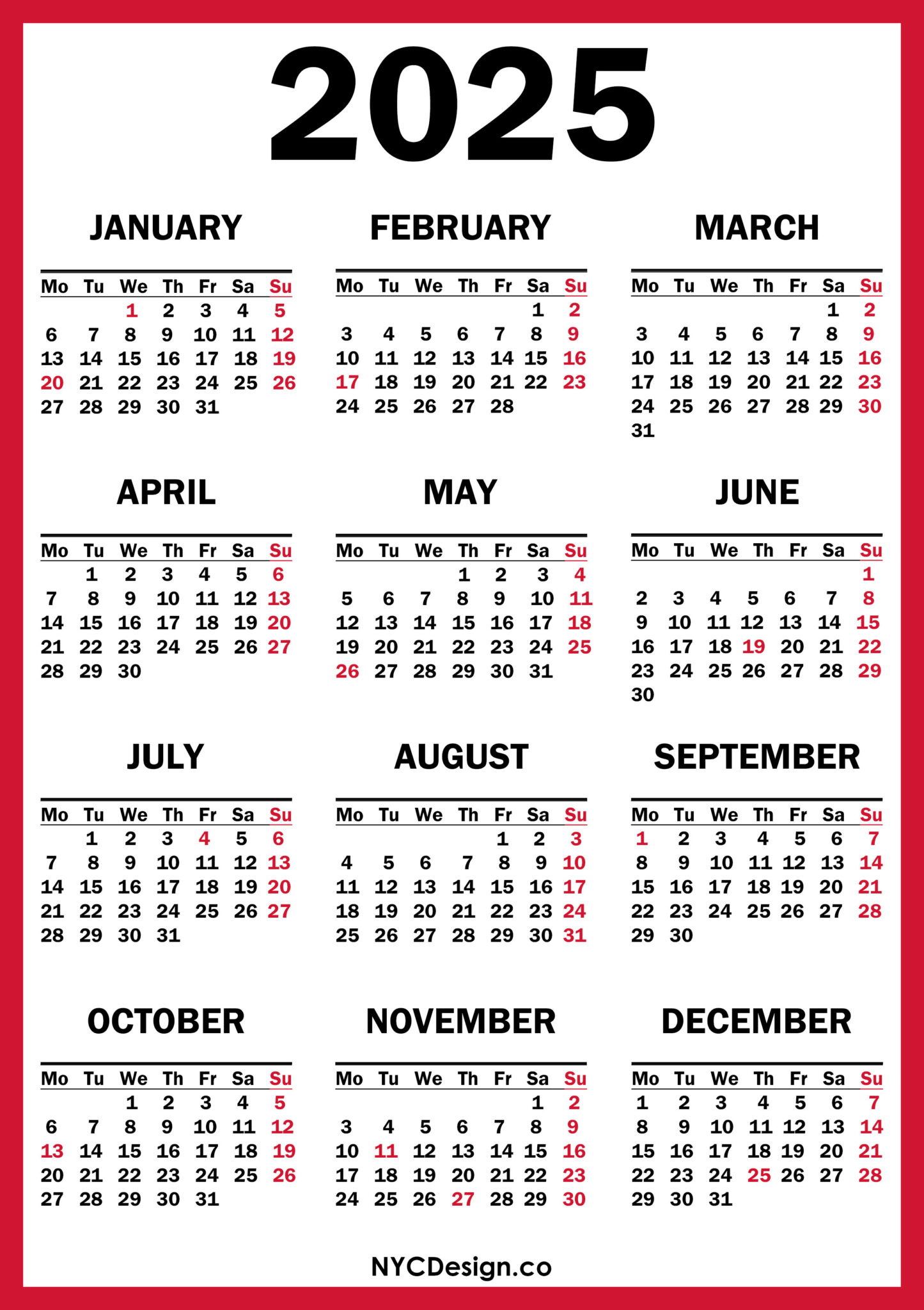 2025 Calendar with US Holidays, Printable Free, Red Monday Start