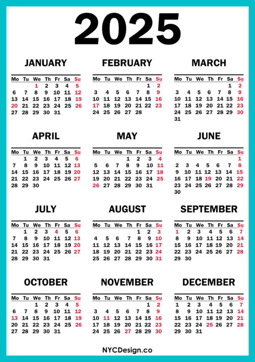 2025 Calendar with US Holidays, Printable Free, Turquoise Blue Monday