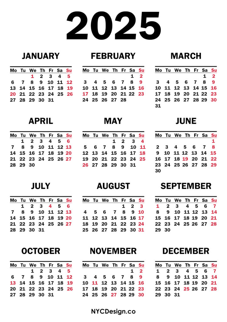 2025 Calendar with US Holidays, Printable Free, White Monday Start