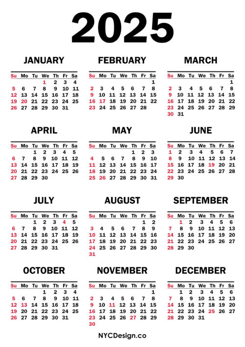 2025 Calendar with US Holidays, Printable Free, White Sunday Start