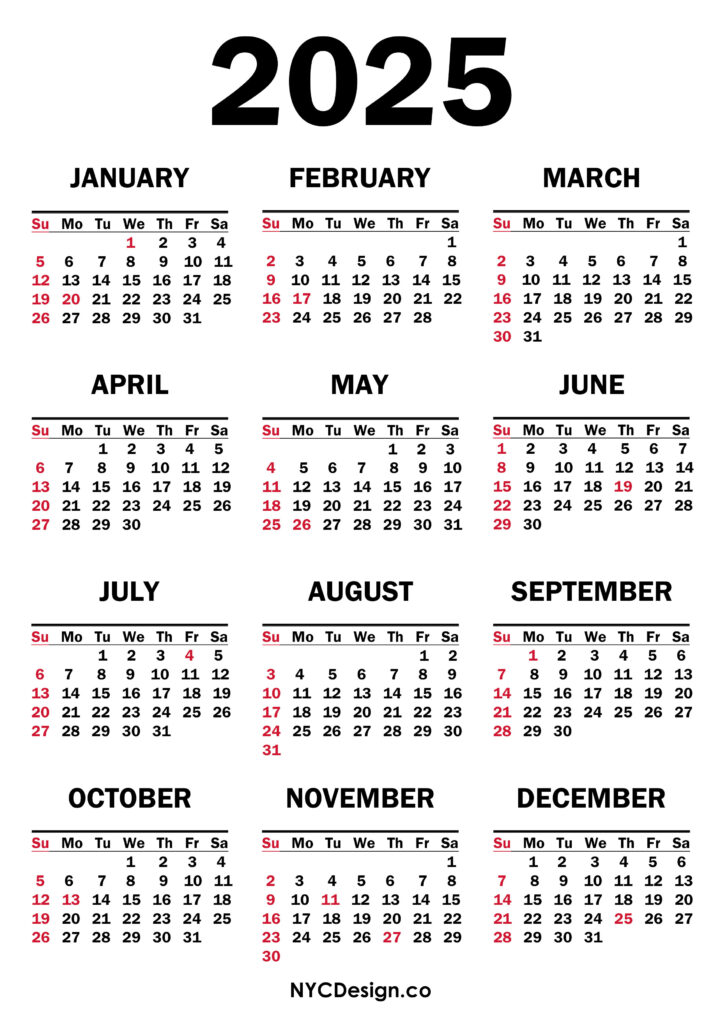 2025 Calendar with US Holidays, Printable Free, White Sunday Start