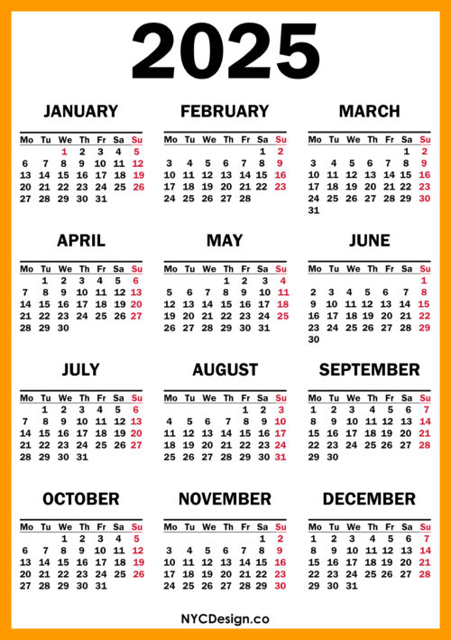 2025 Calendar Printable Free, Orange, Yellow Monday Start nycdesign