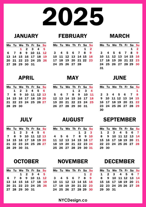 2025 Calendar Printable Free, Pink Monday Start nycdesign.us