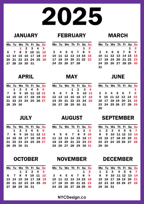 2025 Calendar Printable Free, Purple – Monday Start – nycdesign.us ...