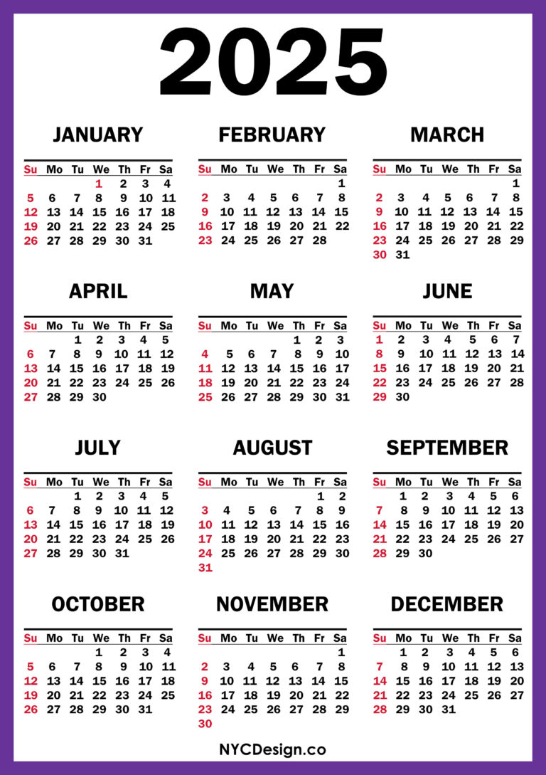 2025 Calendar Printable Free, Purple Sunday Start nycdesign.us