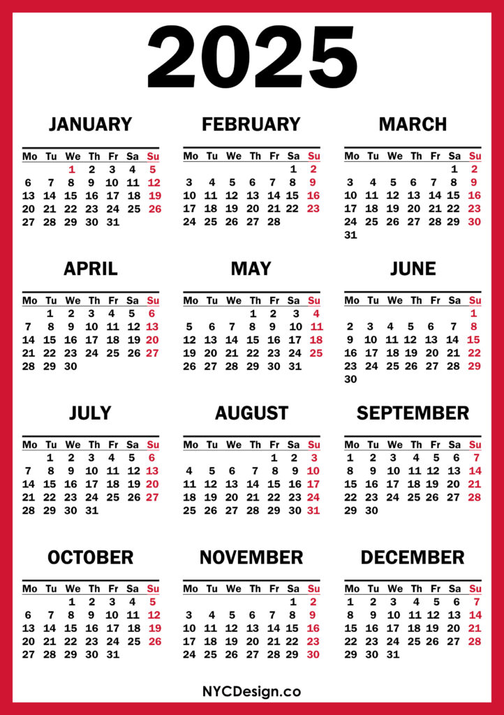 2025 Calendar Printable Free, Red Monday Start nycdesign.us