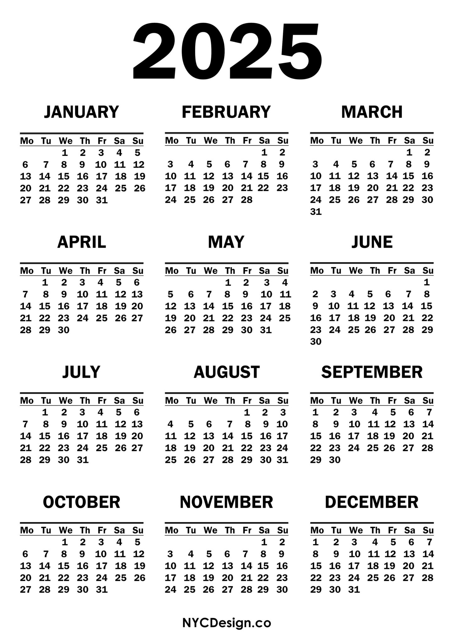 2025 Calendar Printable Free, White Monday Start nycdesign.us