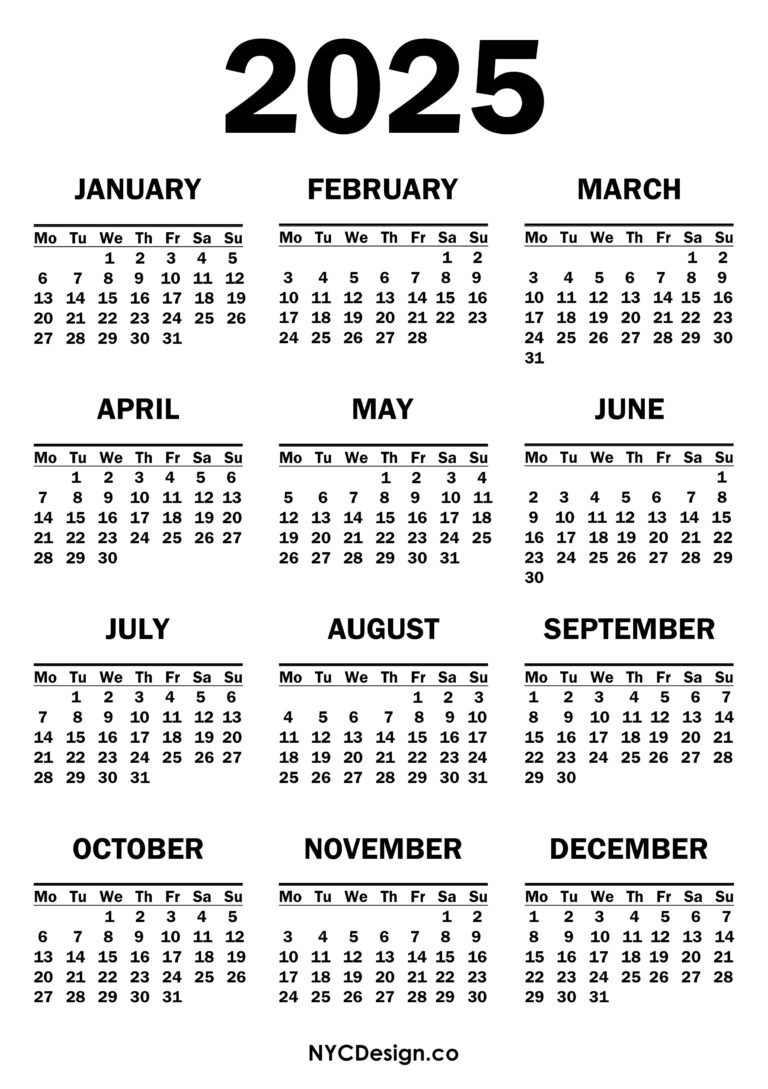 2025 Calendar Printable Free, White – Monday Start – nycdesign.us ...