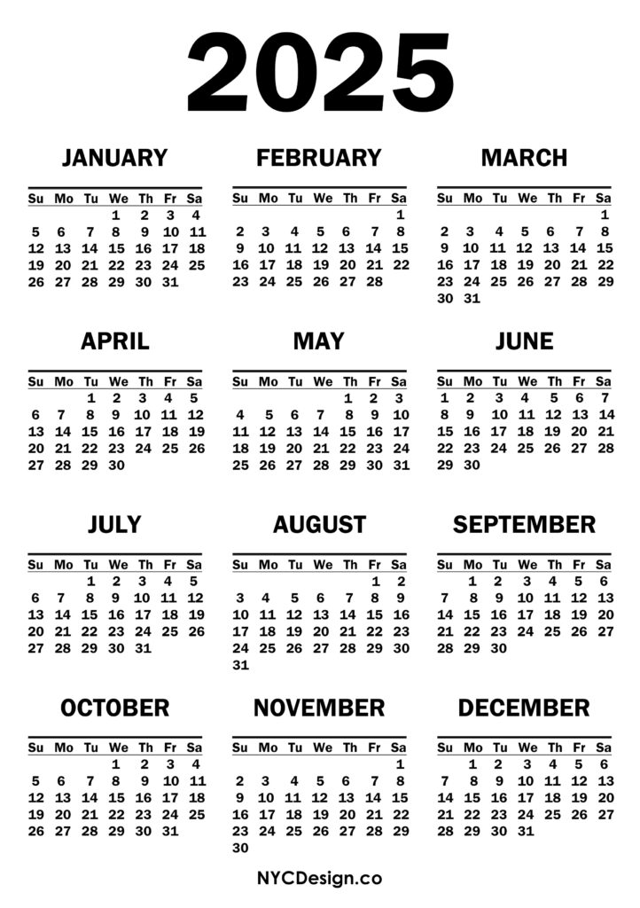 2025 Calendar Printable Free, White Sunday Start nycdesign.us