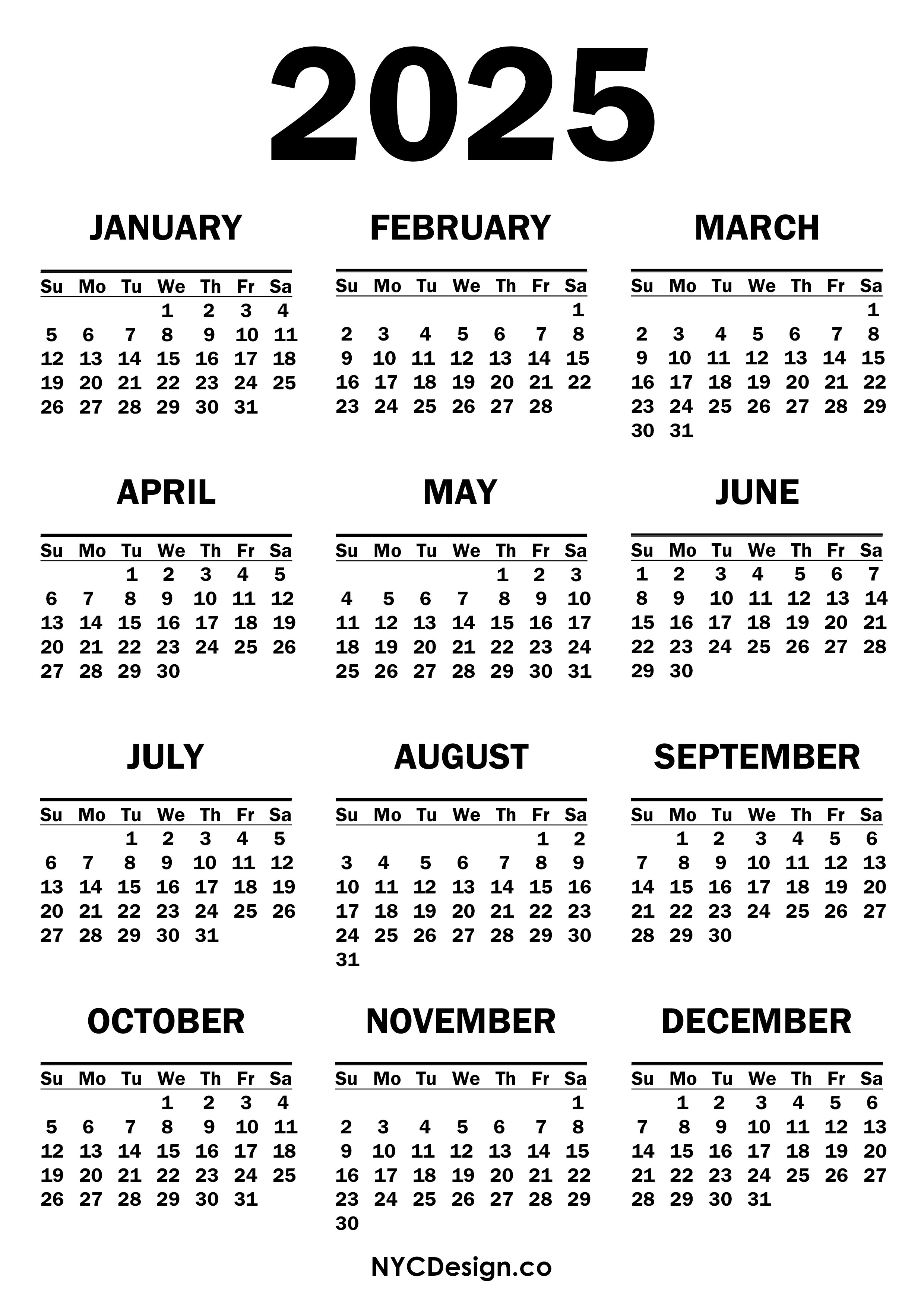 2025 Calendar Printable Free, White – Sunday Start – nycdesign.us: Printable Things