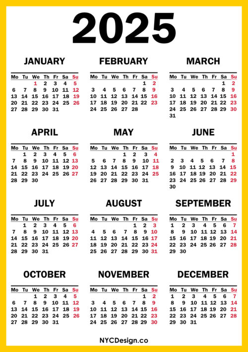 2025 Calendar Printable Free, Orange, Yellow – Monday Start – nycdesign ...