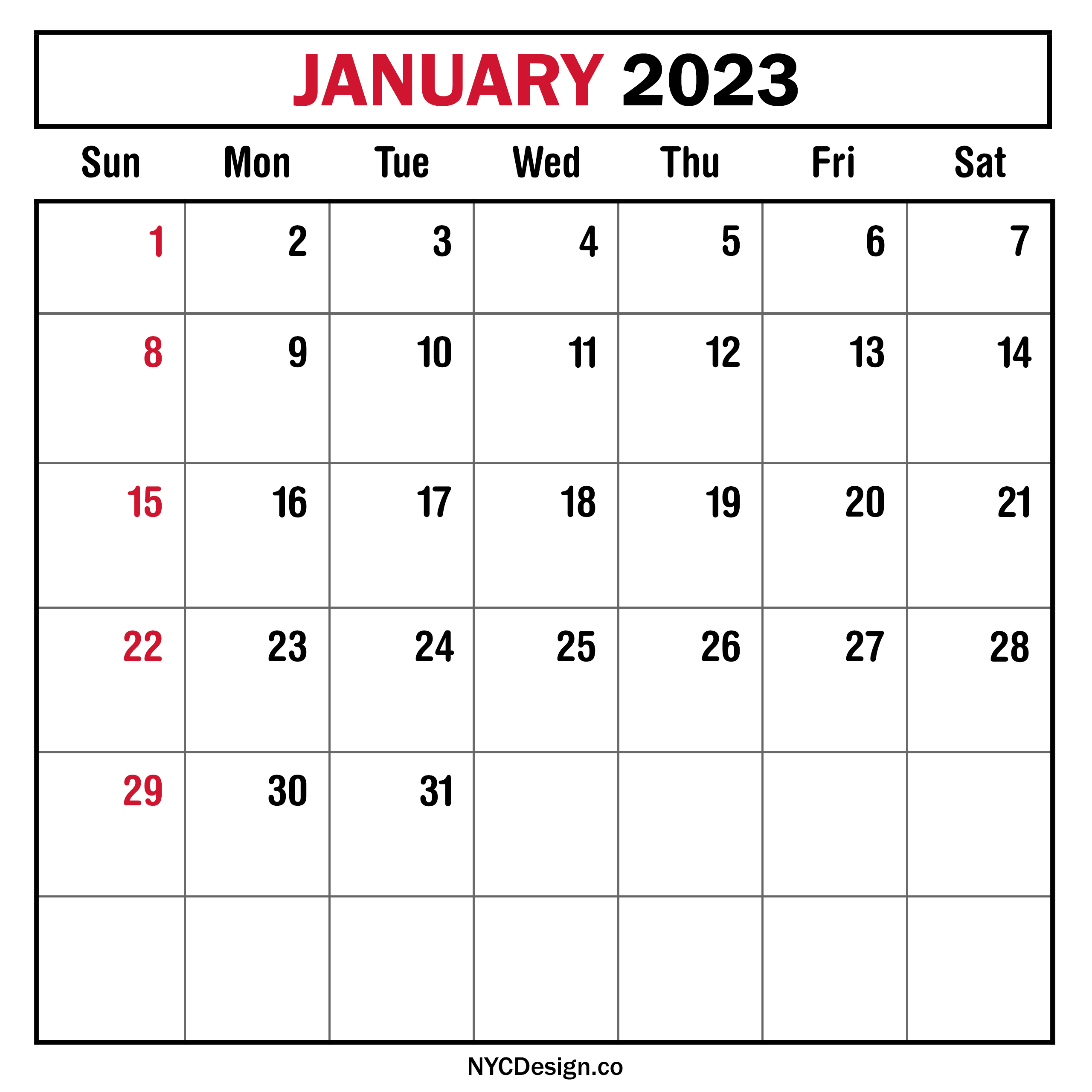 January 2023 Monthly Calendar, Planner, Printable Free – Sunday Start ...