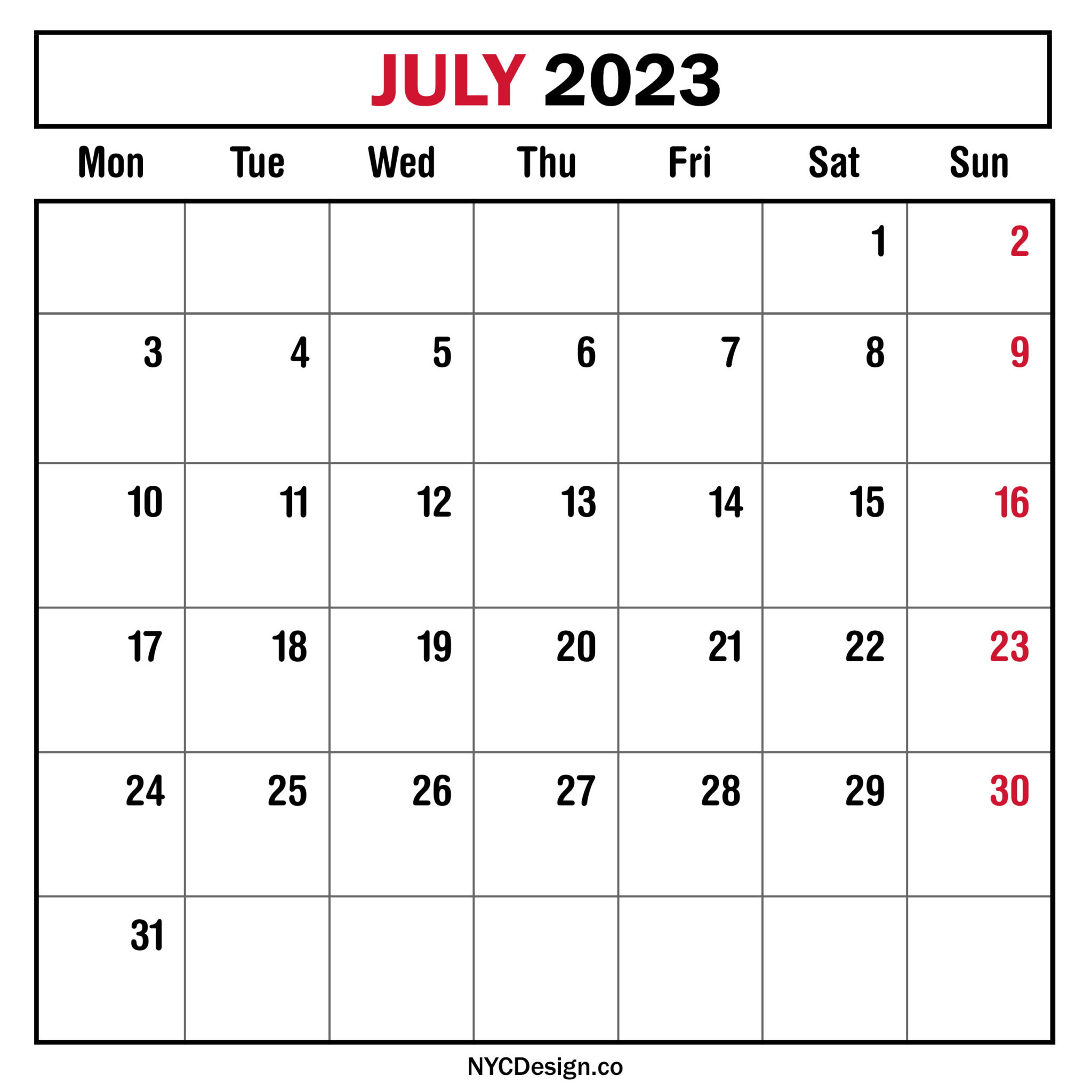 July 2023 Monthly Calendar, Planner, Printable Free – Monday Start ...