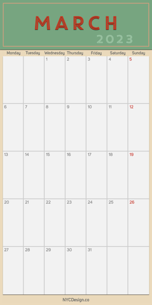 2023 March – Monthly Calendar, Planner, Printable Free – Monday Start