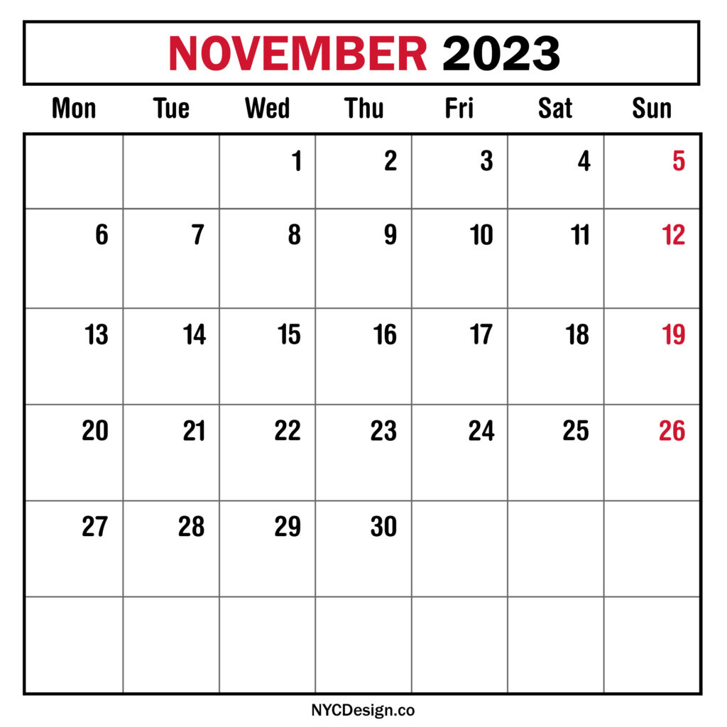 November 2023 Monthly Calendar, Planner, Printable Free – Monday Start ...