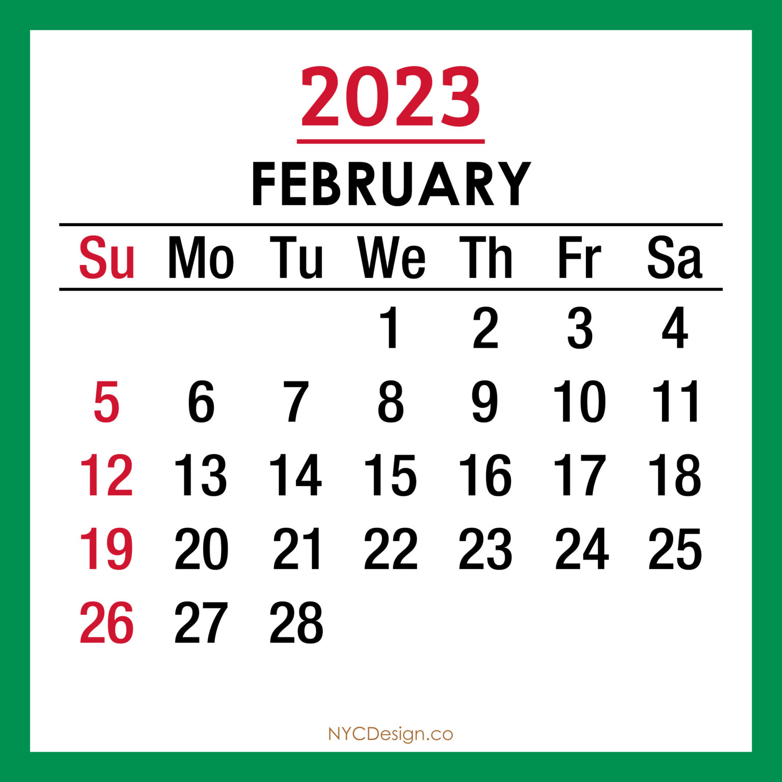 2023 Monthly Calendar, Printable Free – Sunday Start, Green – nycdesign