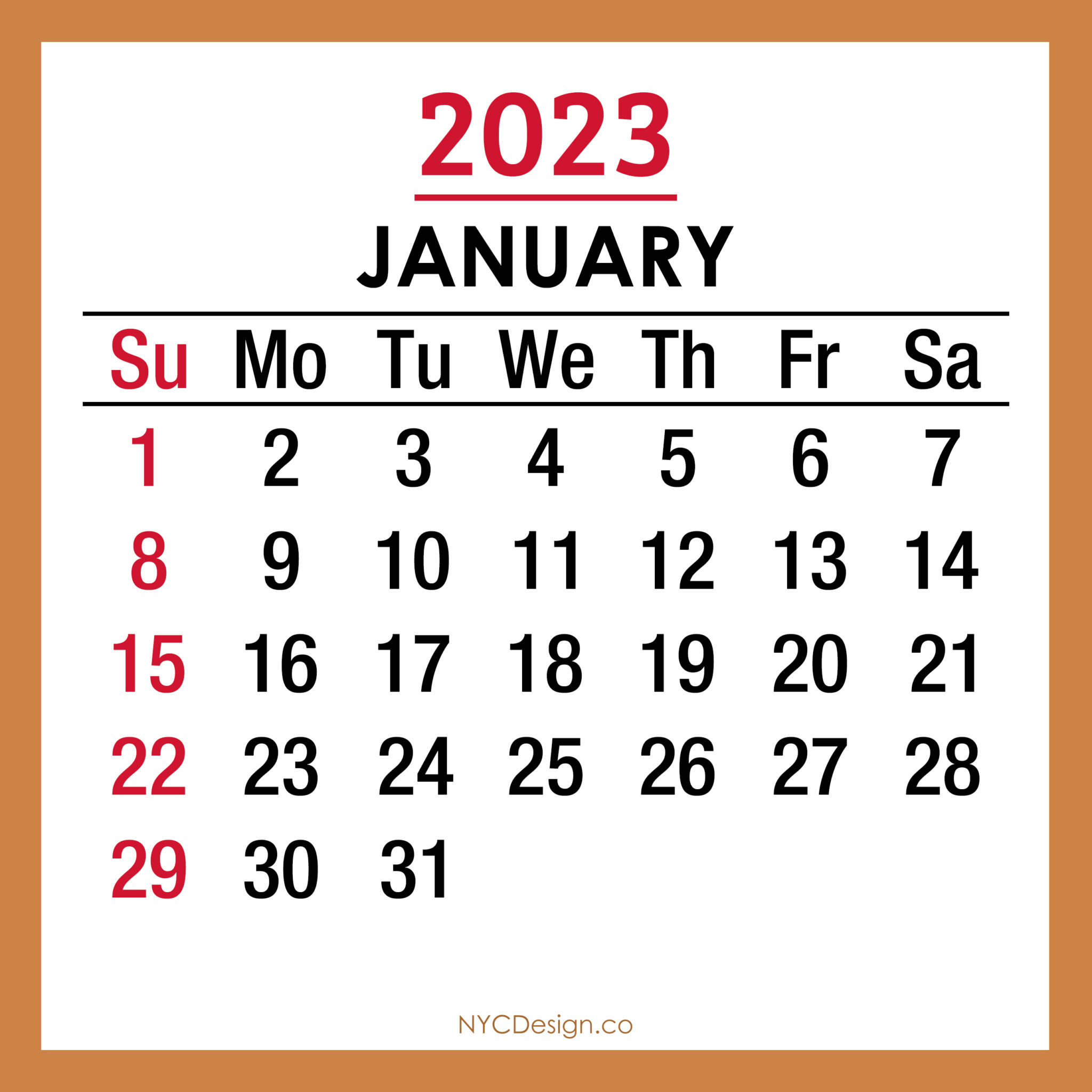 2023 Monthly Calendar, Printable Free – Sunday Start, Beige – nycdesign ...