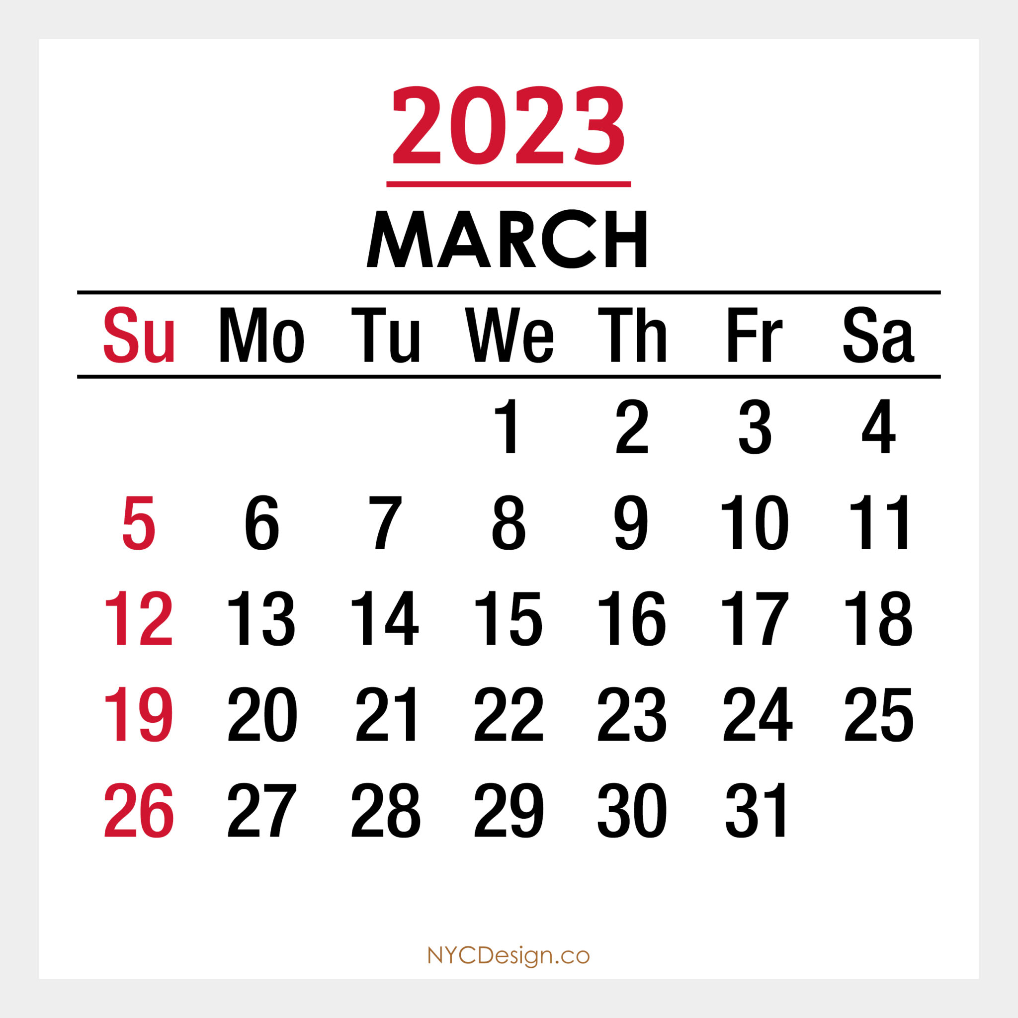 2023 Monthly Calendar, Printable Free – Sunday Start, White – nycdesign ...